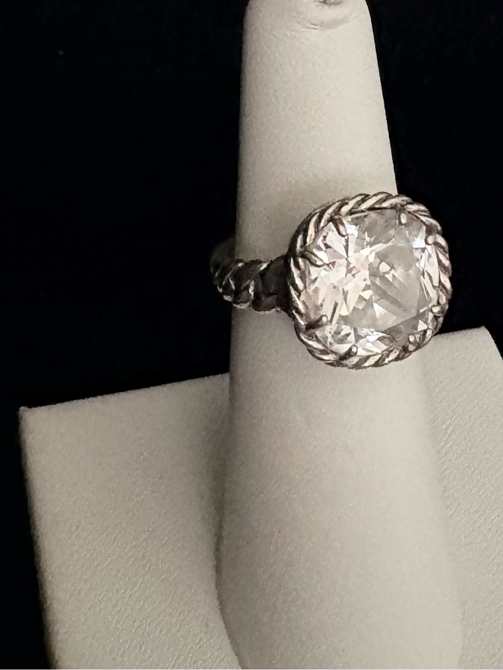 Sterling Silver Twisted Band Solitaire Ring with Clear Stone